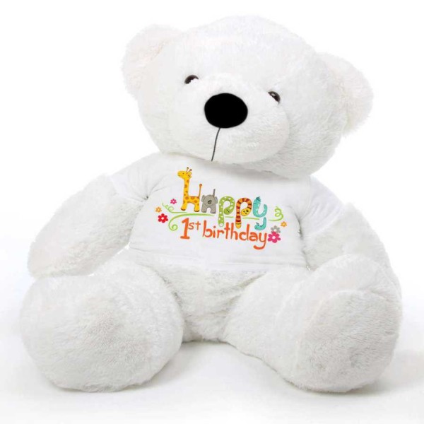 White 5 feet Big Teddy Bear wearing a First Happy Birthday T-shirt